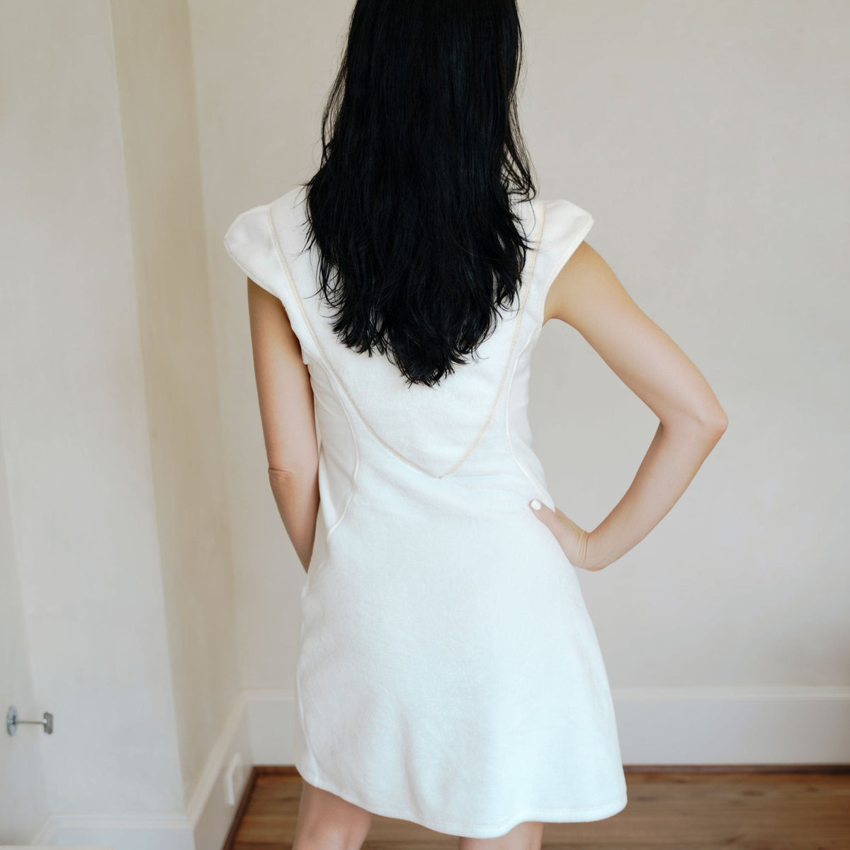 Woman wearing The Dress - your robe alternative back view