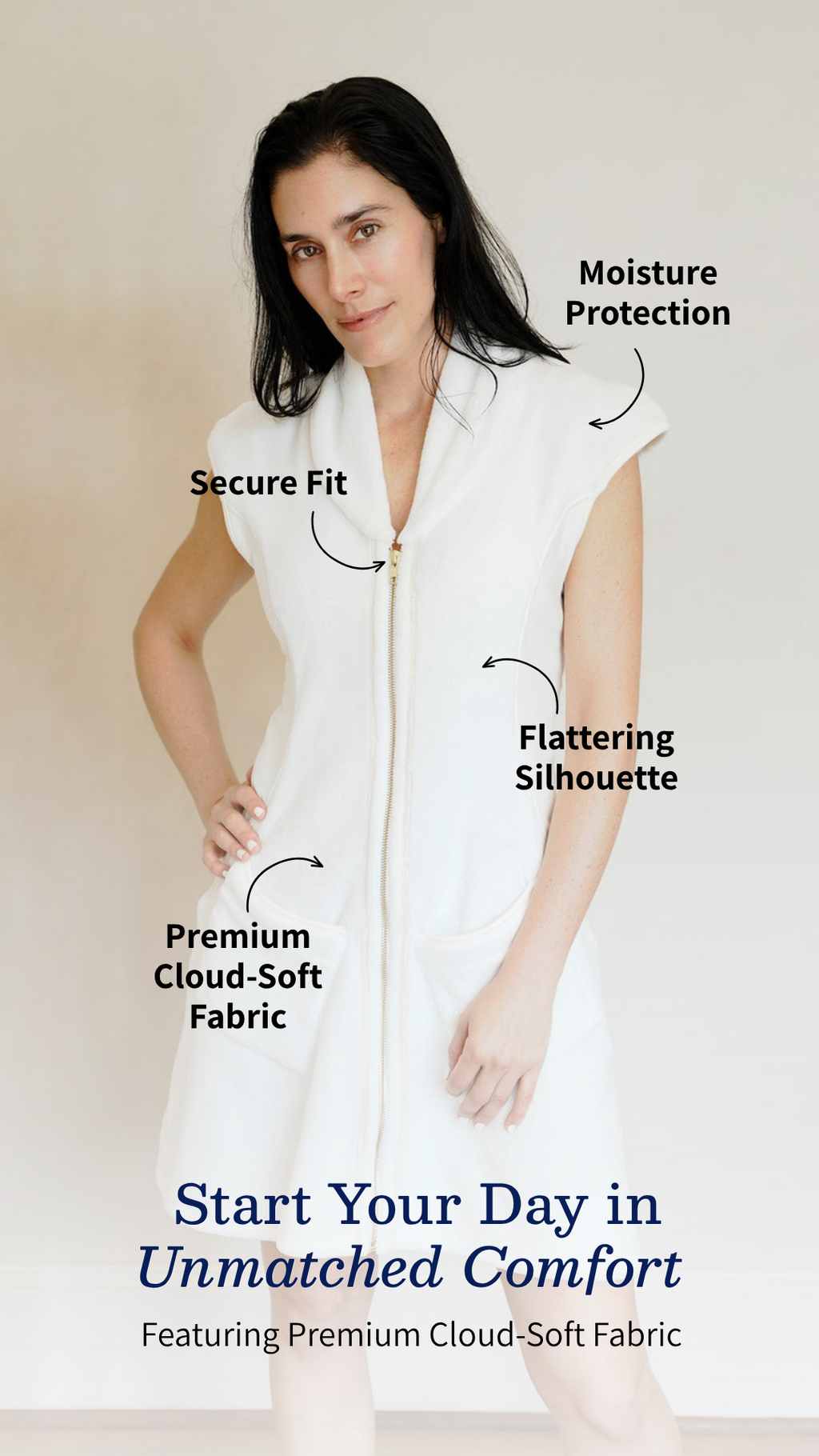 Woman wearing The Dress by RoMia24 — luxury zip-up robe alternative front view features