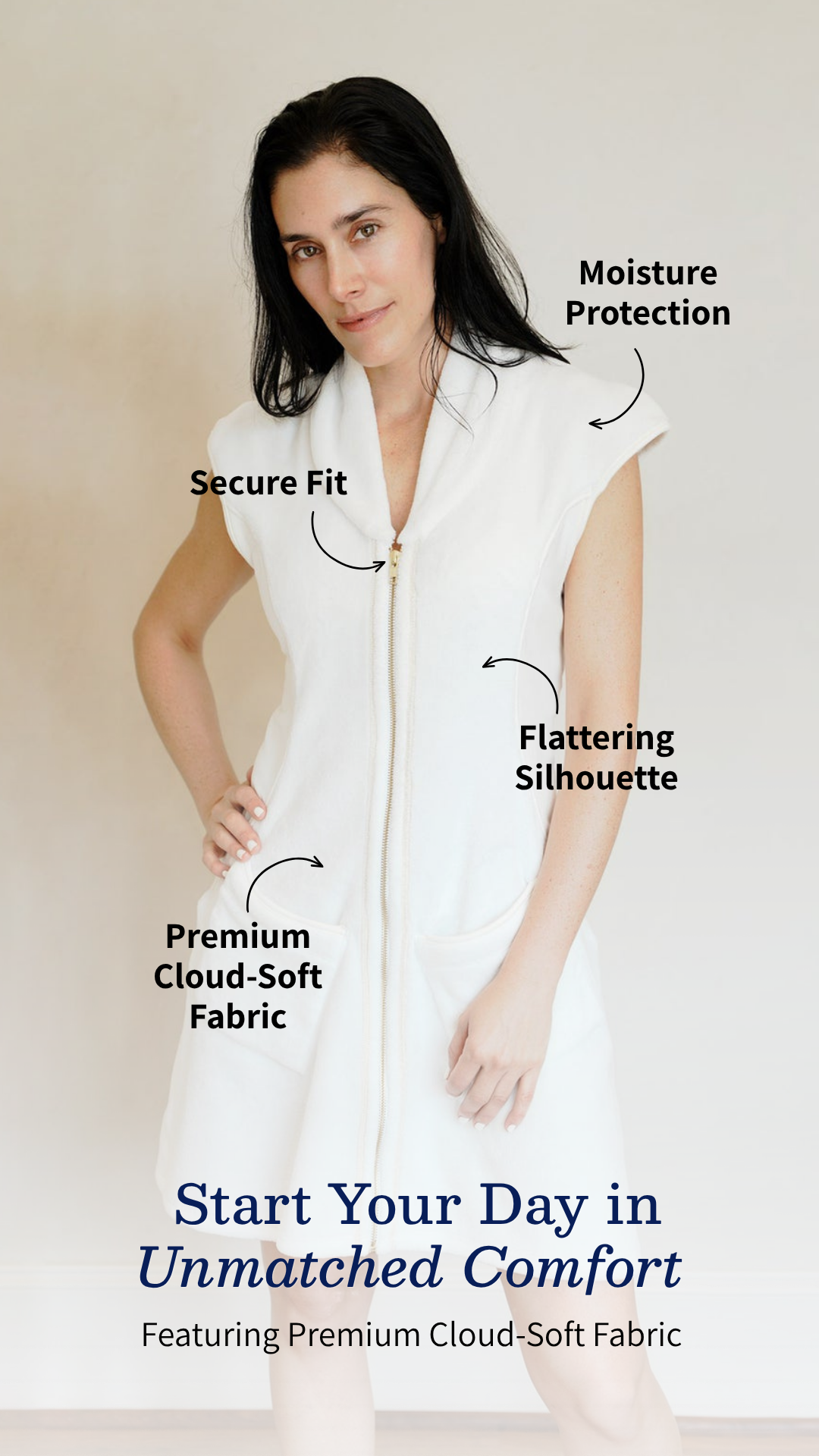 Woman wearing The Dress by RoMia24 — luxury zip-up robe alternative front view features